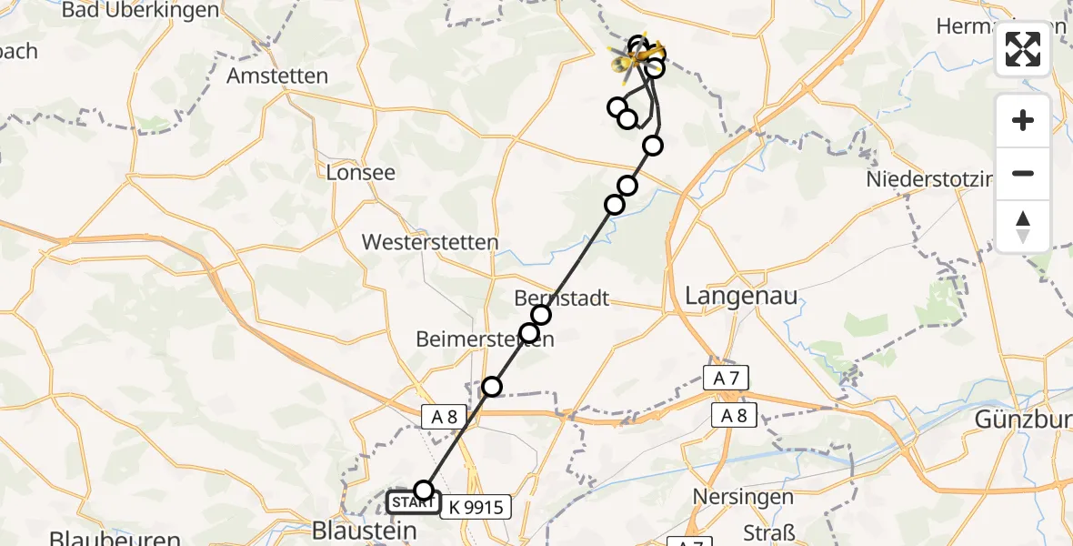 Flugroute Rettungshubschrauber Ulm Military Hospital Emergency - Ballendorf, 24 Juli 2026, 18:56