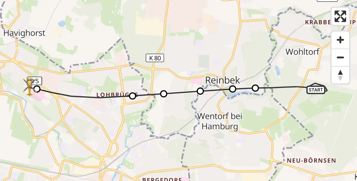Flugroute Ambulanzhubschrauber Wohltorf - Christoph Hansa ADAC Hubschrauberlandeplatz, 24 Juli 2026, 18:56