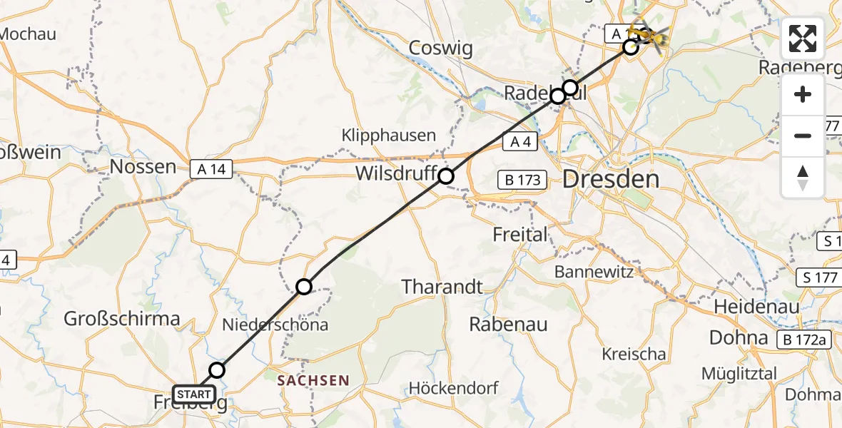 Flugroute Rettungshubschrauber Freiberg - Dresden Bundespolizei Hubschrauberlandeplatz, 24 Juli 2026, 18:59