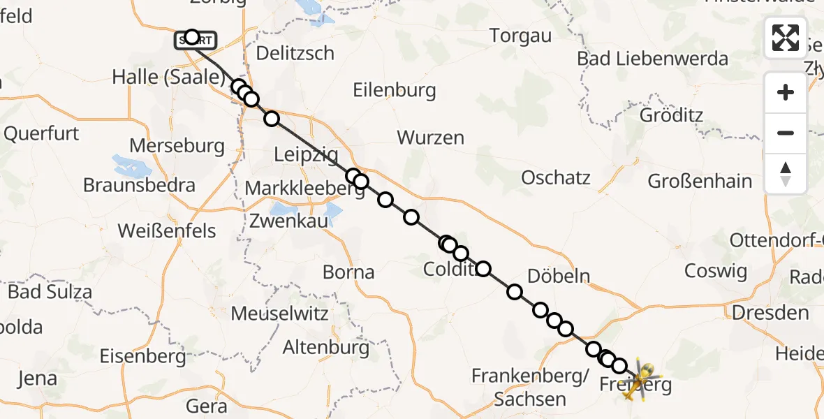 Flugroute Rettungshubschrauber Halle-Oppin Flugplatz - Freiberg, 24 Juli 2026, 19:04
