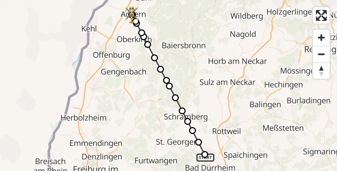 Flugroute Ambulanzhubschrauber DRF Air Rescue Station Villingen-Schwenningen Hubschrauberlandeplatz (Christoph 11) - Ortenau Hospital Achern, 24 Juli 2026, 19:07