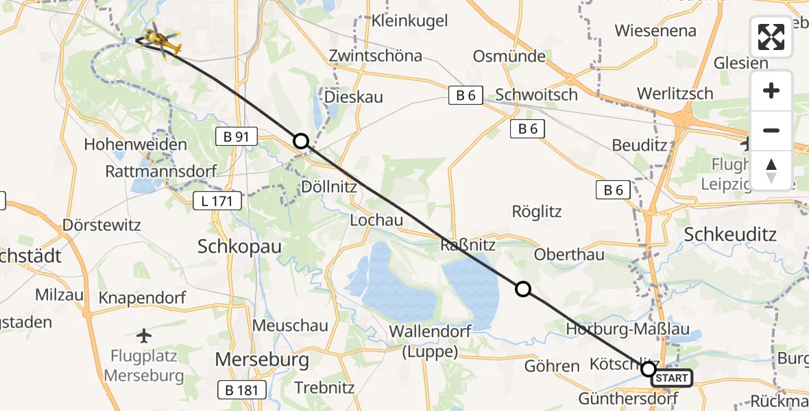 Flugroute Rettungshubschrauber ADAC Air Rescue Station Leipzig/Schkeuditz-Dölzig Hubschrauberlandeplatz (Christoph 61) - Halle (Saale), 24 Juli 2026, 19:09