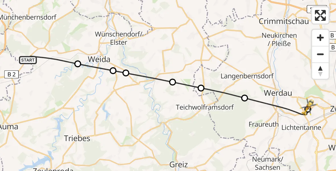 Flugroute Rettungshubschrauber Harth-Pöllnitz - ADAC Air Rescue Station Zwickau Hubschrauberlandeplatz, 24 Juli 2026, 19:11