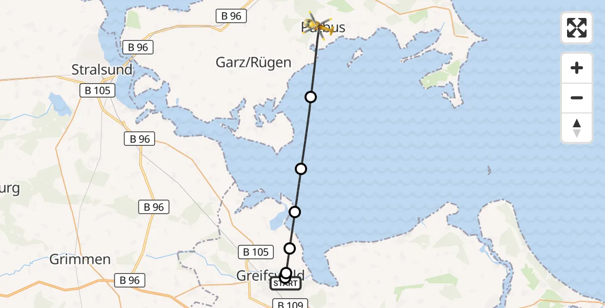 Flugroute Ambulanzhubschrauber Greifswald Hospital - Putbus, 24 Juli 2026, 19:12