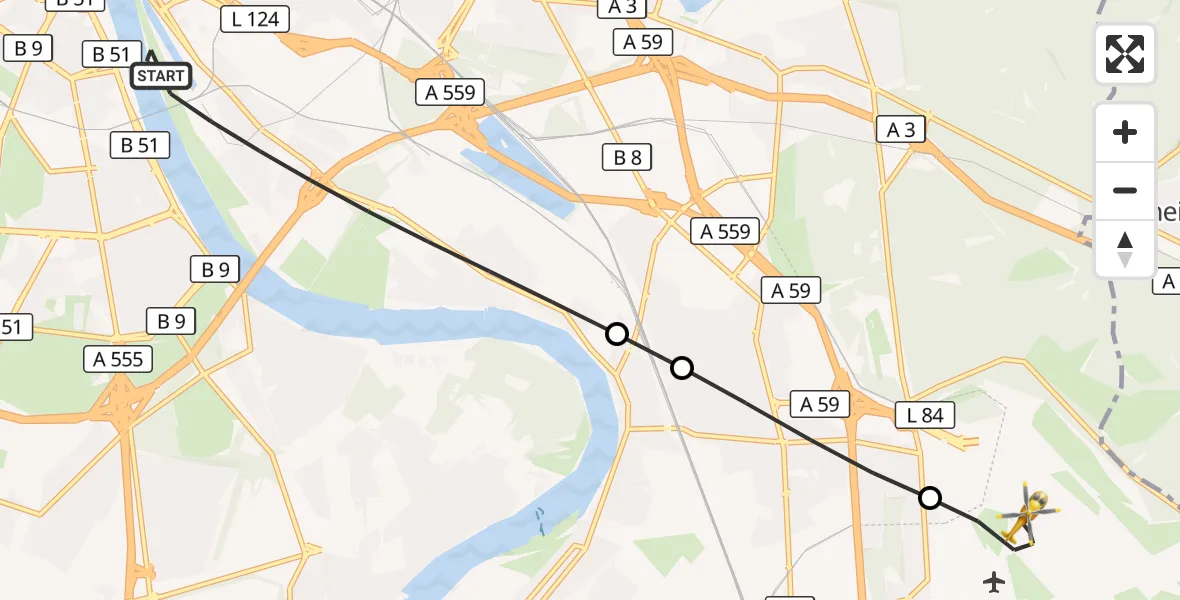Flugroute Rettungshubschrauber Köln - Köln Bonn Flughafen, 24 Juli 2026, 19:15