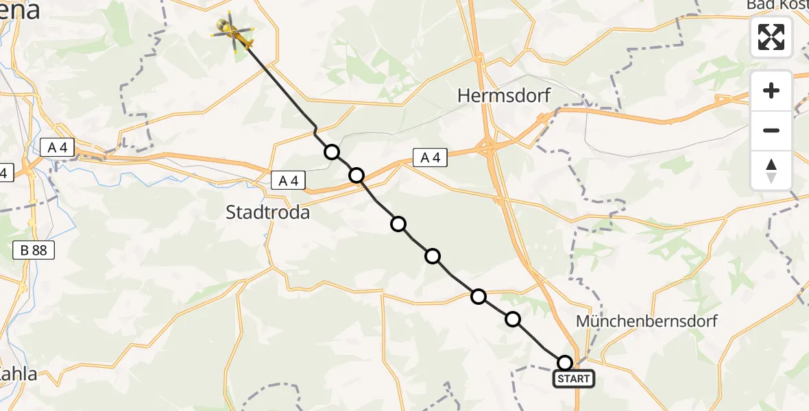 Flugroute Rettungshubschrauber Schwarzbach - Schöngleina, 24 Juli 2026, 19:15