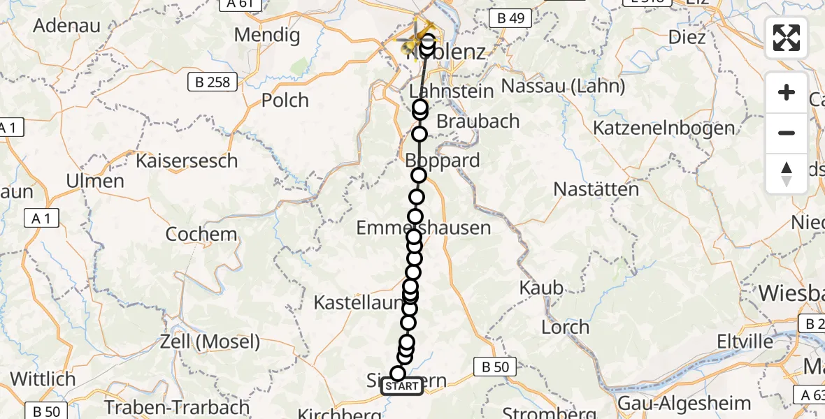 Flugroute Rettungshubschrauber Simmern/Hunsrück - Koblenz, 24 Juli 2026, 19:18
