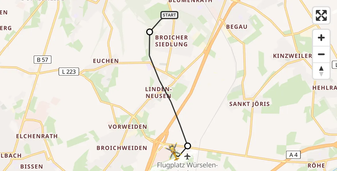 Flugroute Rettungshubschrauber Alsdorf - Aachen-Merzbrück Flughafen, 24 Juli 2026, 19:18