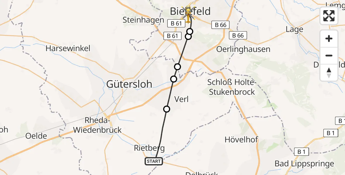 Flugroute Rettungshubschrauber Rietberg - Bielefeld, 24 Juli 2026, 19:20