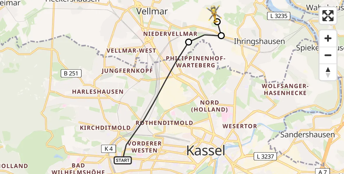 Flugroute Rettungshubschrauber Kassel - Fuldatal Bundespolizei Hubschrauberlandeplatz, 24 Juli 2026, 19:24