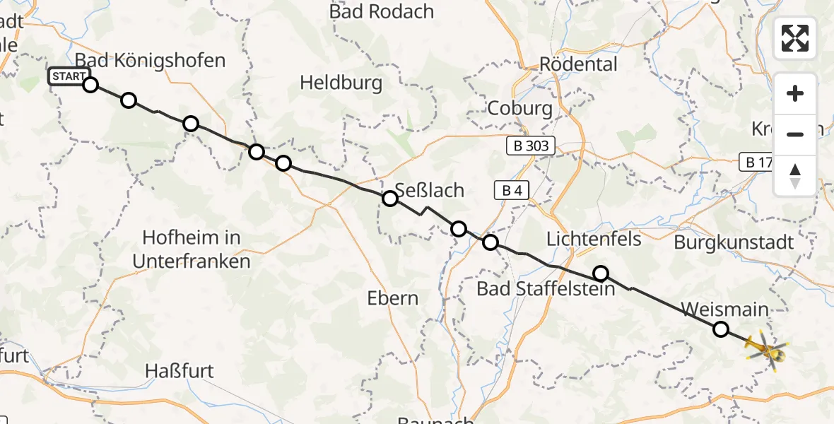 Flugroute Rettungshubschrauber Großbardorf - Weismain, 24 Juli 2026, 19:40