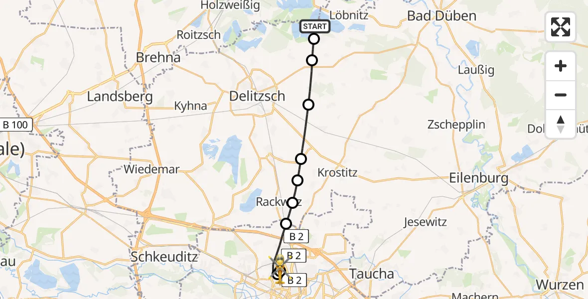 Flugroute Rettungshubschrauber Muldestausee - Sankt Georg Hospital Leipzig Reserve, 24 Juli 2026, 19:42