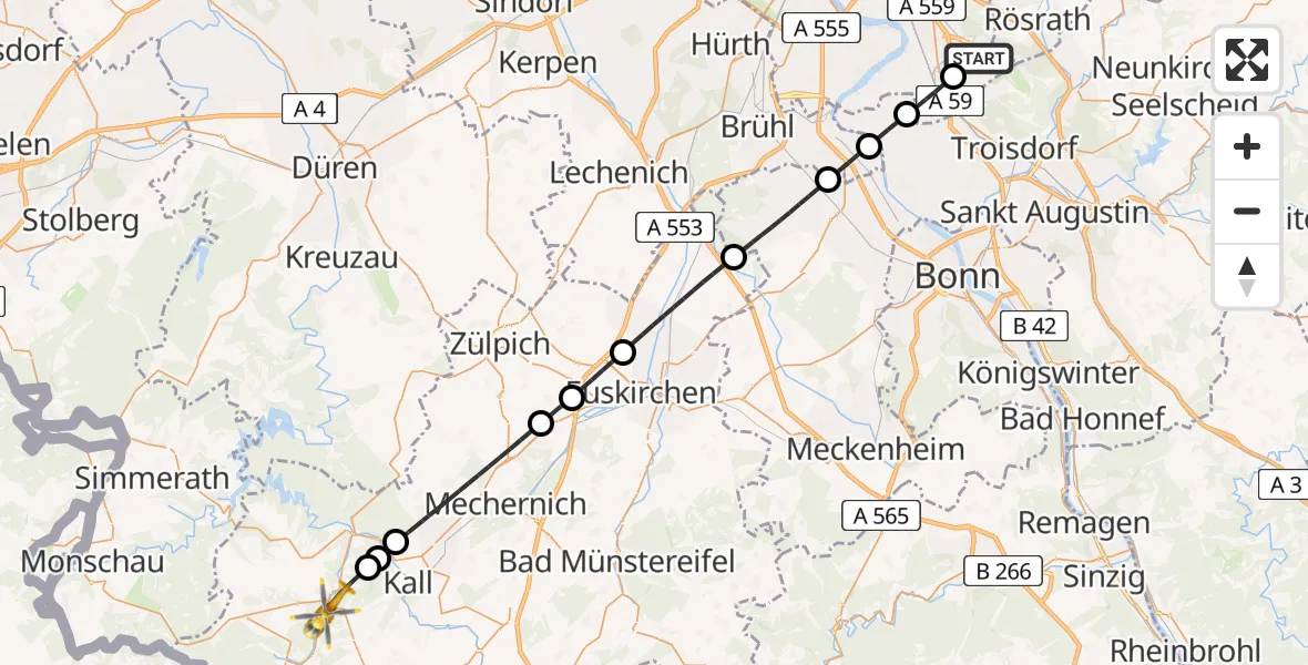 Flugroute Ambulanzhubschrauber Köln Bonn Flughafen - Schleiden, 24 Juli 2026, 19:44