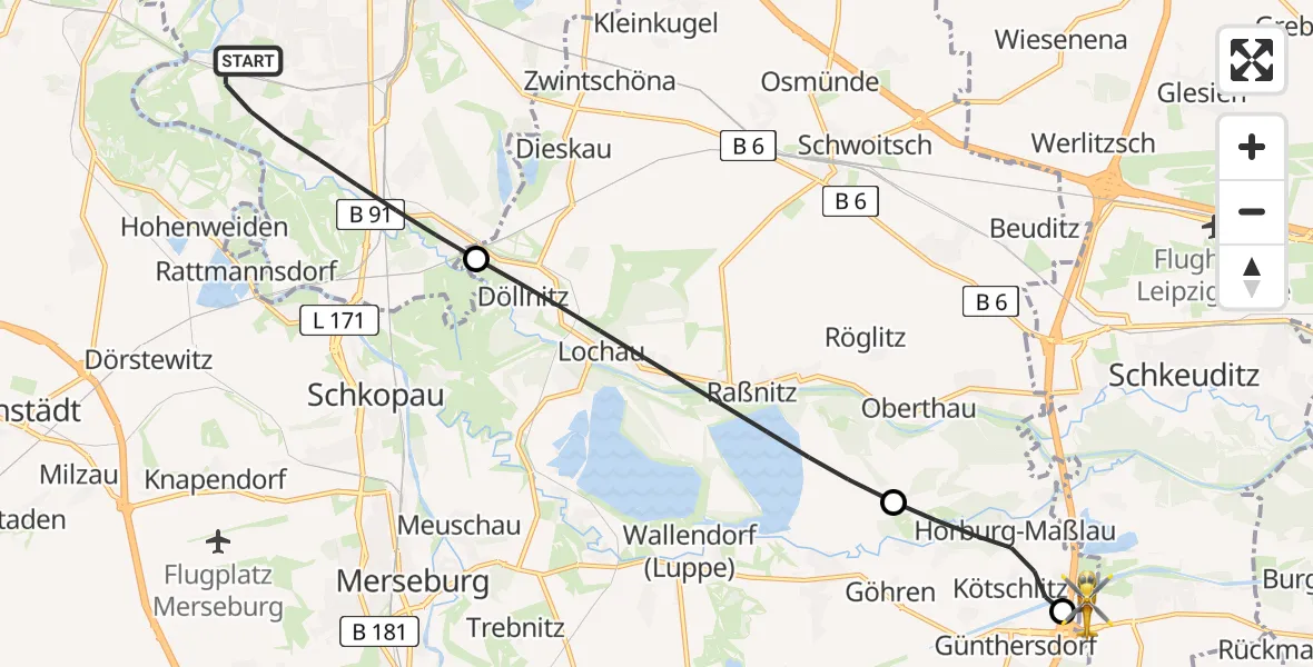 Flugroute Rettungshubschrauber Halle (Saale) - ADAC Air Rescue Station Leipzig/Schkeuditz-Dölzig Hubschrauberlandeplatz (Christoph 61), 24 Juli 2026, 19:48