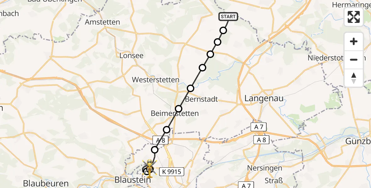 Flugroute Rettungshubschrauber Ballendorf - ADAC Air Rescue Station Ulm (Christoph 22), 24 Juli 2026, 19:55
