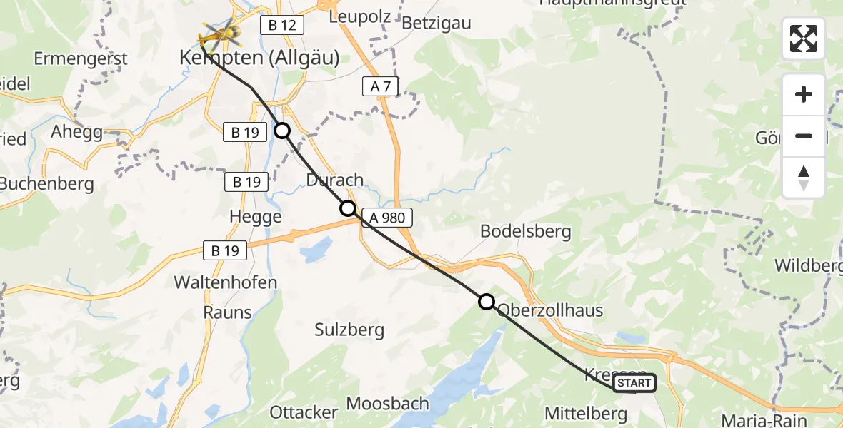 Flugroute Rettungshubschrauber Oy-Mittelberg - Kempten (Allgäu), 24 Juli 2026, 20:04