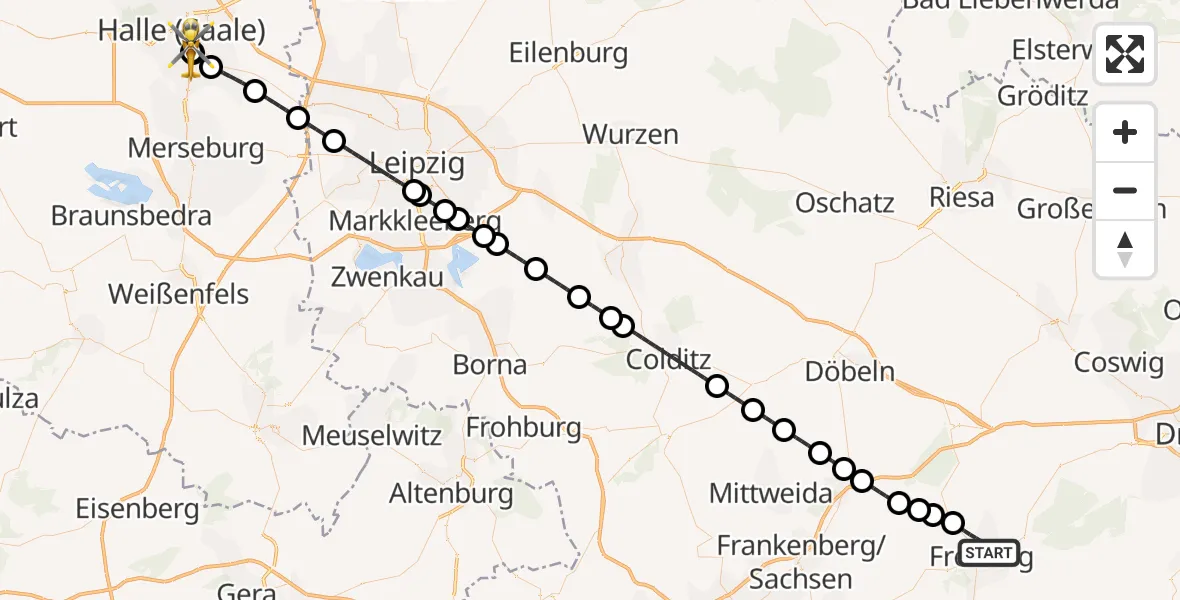 Flugroute Rettungshubschrauber Freiberg - BG Hospital Bergmannstrost Halle, 24 Juli 2026, 20:12