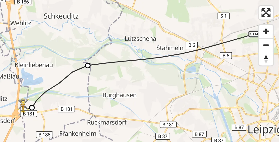 Flugroute Rettungshubschrauber Leipzig - ADAC Air Rescue Station Leipzig/Schkeuditz-Dölzig Hubschrauberlandeplatz (Christoph 61), 24 Juli 2026, 20:18