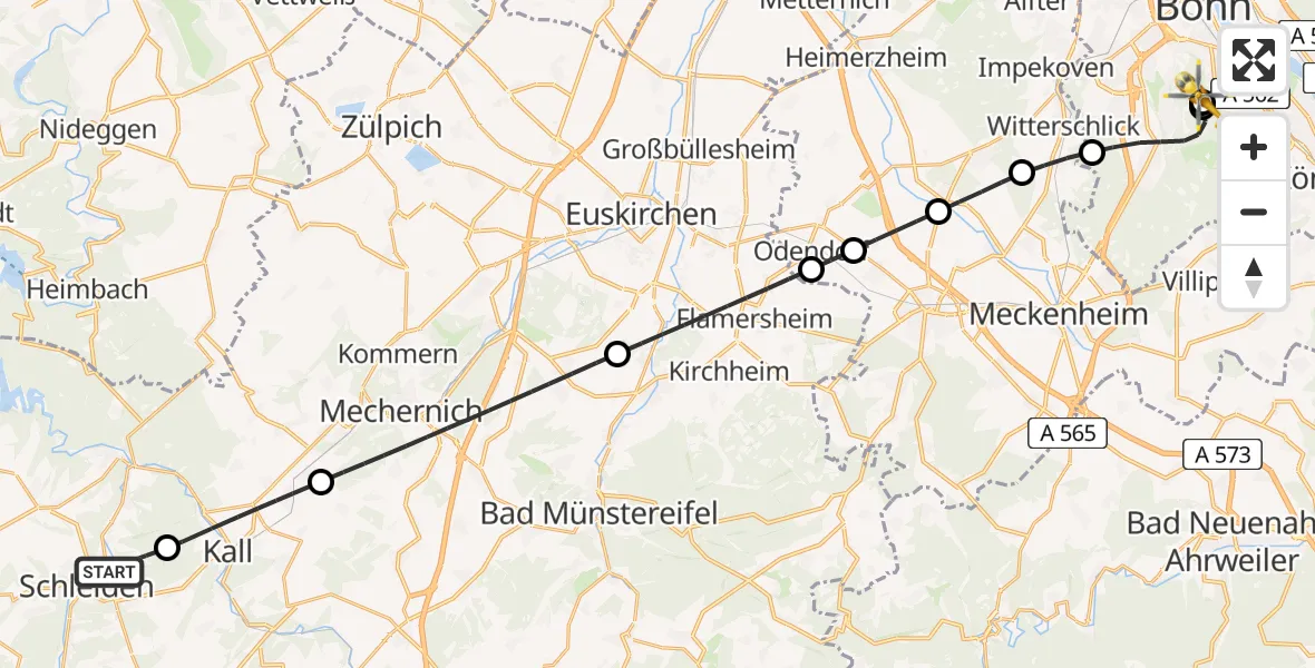 Flugroute Ambulanzhubschrauber Schleiden - Bonn University Hospital, 24 Juli 2026, 20:21