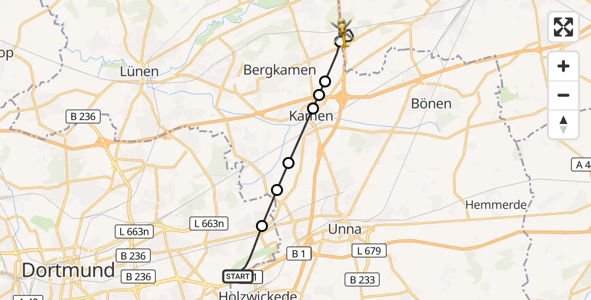 Flugroute Rettungshubschrauber Dortmund Flughafen - Hamm, 24 Juli 2026, 20:22