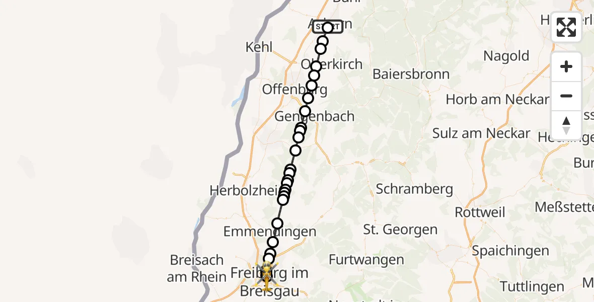Flugroute Ambulanzhubschrauber Ortenau Hospital Achern - Freiburg University Hospital Heliport 1, 24 Juli 2026, 20:23