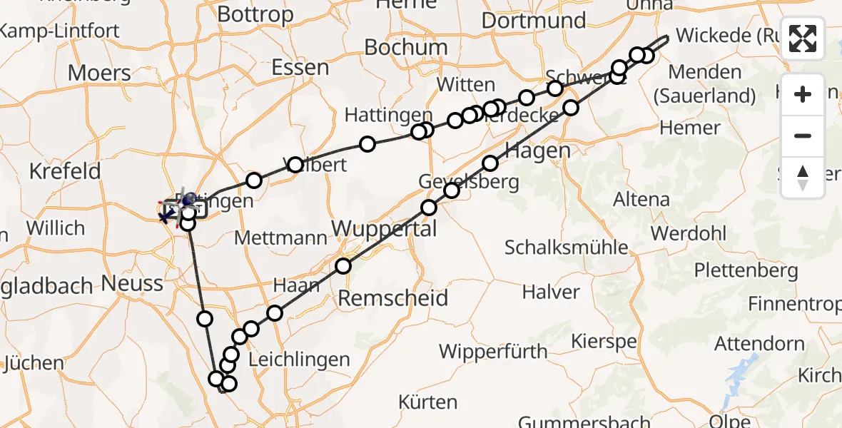 Flugroute Polizeihubschrauber Düsseldorf Flughafen - Düsseldorf Flughafen, 24 Juli 2026, 20:27