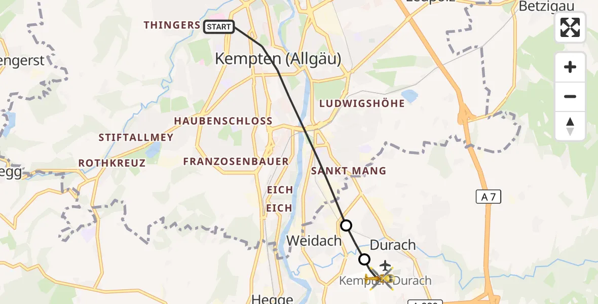 Flugroute Rettungshubschrauber Kempten (Allgäu) - Kempten-Durach Flugplatz, 24 Juli 2026, 20:30