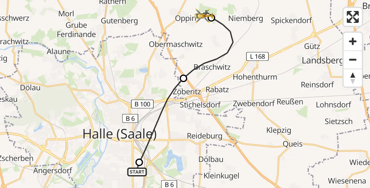 Flugroute Rettungshubschrauber BG Hospital Bergmannstrost Halle - Halle-Oppin Flugplatz, 24 Juli 2026, 21:12