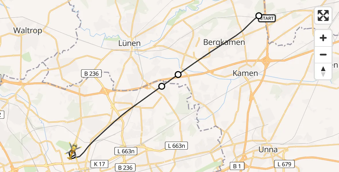 Flugroute Rettungshubschrauber Hamm - Dortmund Hospital North, 24 Juli 2026, 21:16