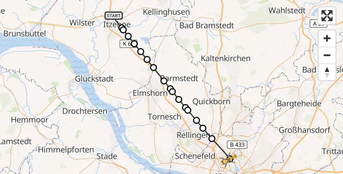 Flugroute Ambulanzhubschrauber Itzehoe - Universitätsklinikum Hamburg-Eppendorf Hubschrauberlandeplatz, 24 Juli 2026, 21:18