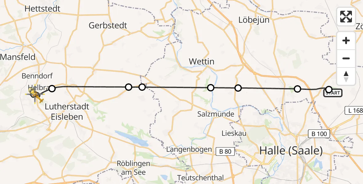 Flugroute Rettungshubschrauber Halle-Oppin Flugplatz - Helbra, 24 Juli 2026, 21:25