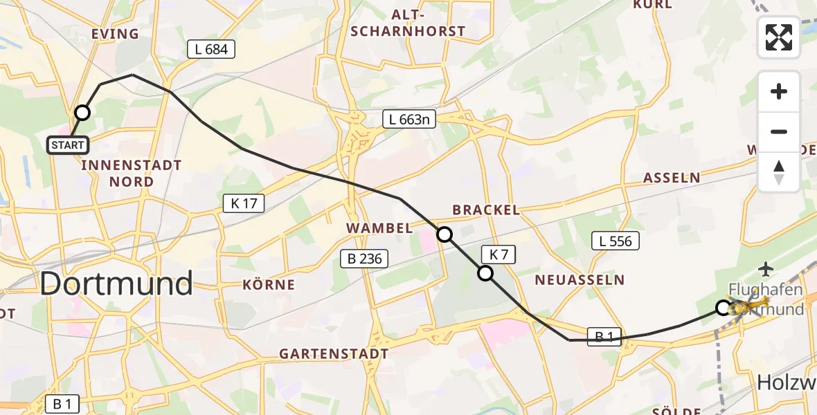 Flugroute Rettungshubschrauber Dortmund Hospital North - Dortmund Flughafen, 24 Juli 2026, 22:02