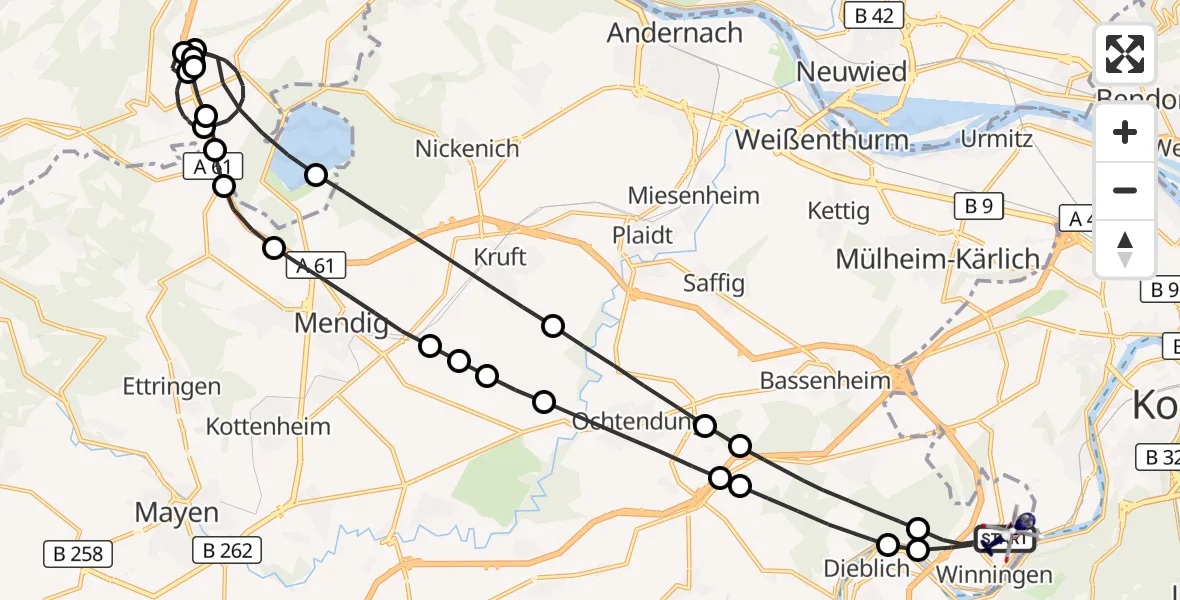 Flugroute Polizeihubschrauber Winningen - Koblenz-Winningen Flugplatz, 24 Juli 2026, 22:13