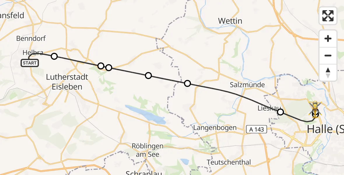Flugroute Rettungshubschrauber Helbra - Halle (Saale) University Hospital, 24 Juli 2026, 22:20