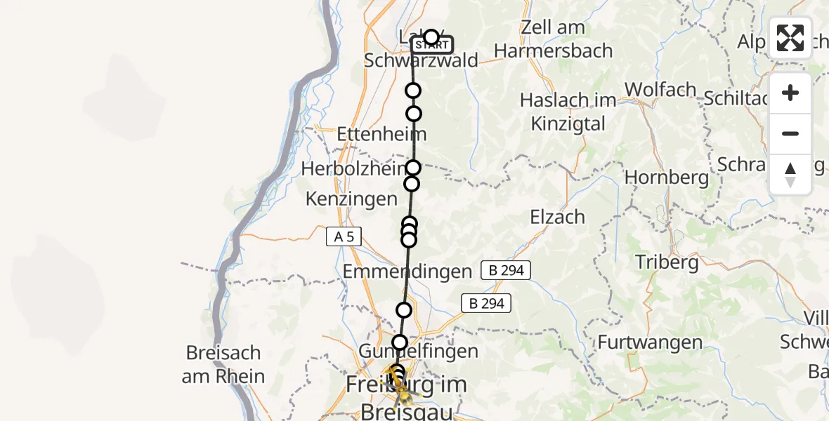 Flugroute Ambulanzhubschrauber Ortenau Hospital Lahr-Ettenheim - Freiburg University Hospital Heliport 1, 24 Juli 2026, 22:56