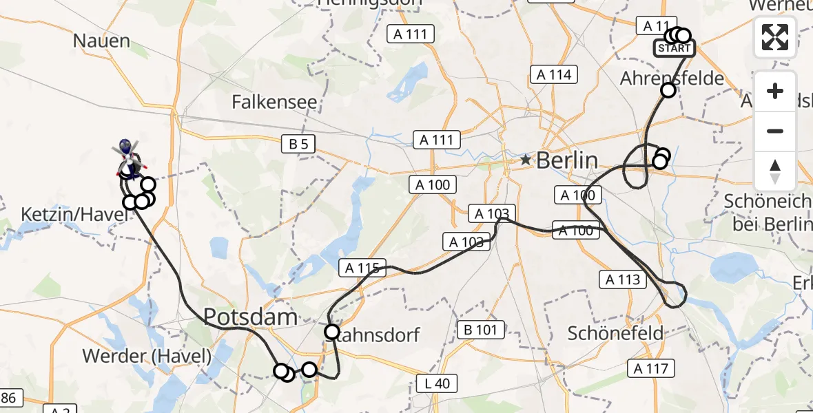 Flugroute Polizeihubschrauber Ahrensfelde Hubschrauberlandeplatz - Wustermark, 24 Juli 2026, 23:05