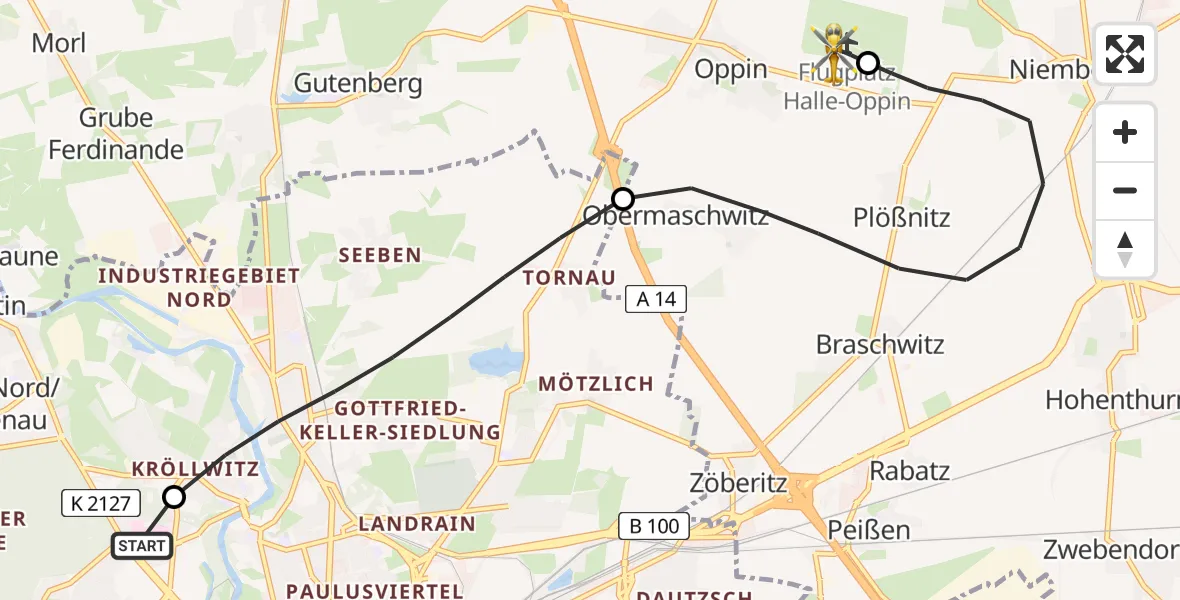 Flugroute Rettungshubschrauber Halle (Saale) University Hospital - Halle-Oppin Flugplatz, 24 Juli 2026, 23:09
