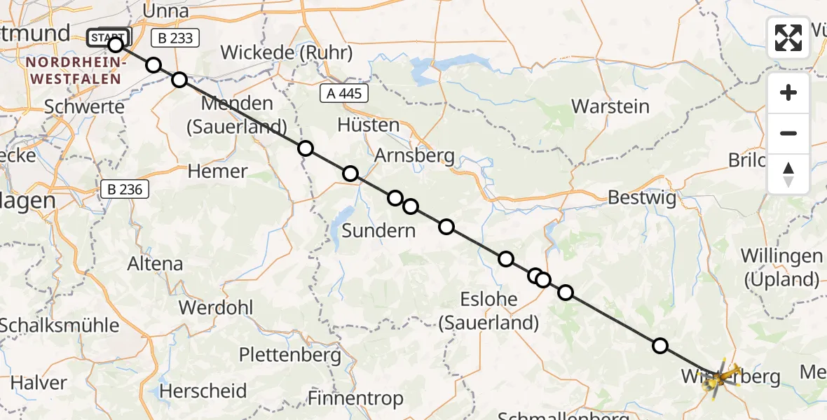 Flugroute Rettungshubschrauber Dortmund Flughafen - Winterberg, 24 Juli 2026, 23:11