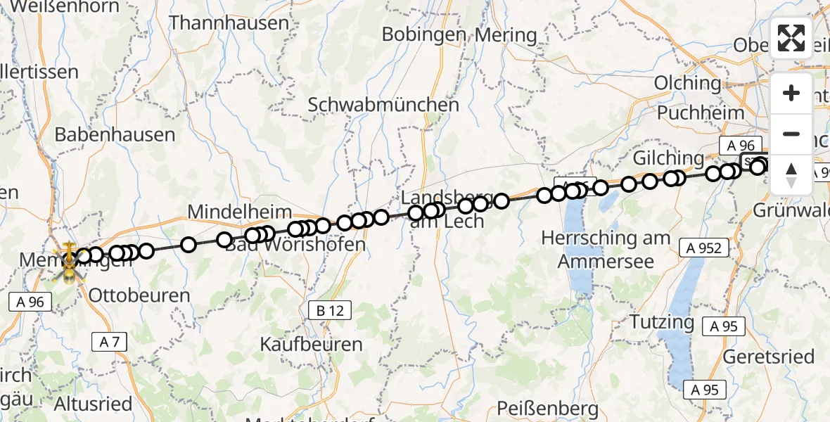 Flugroute Rettungshubschrauber DRF Air Rescue München Hubschrauberlandeplatz - Memmingen Hospital, 24 Juli 2026, 23:18