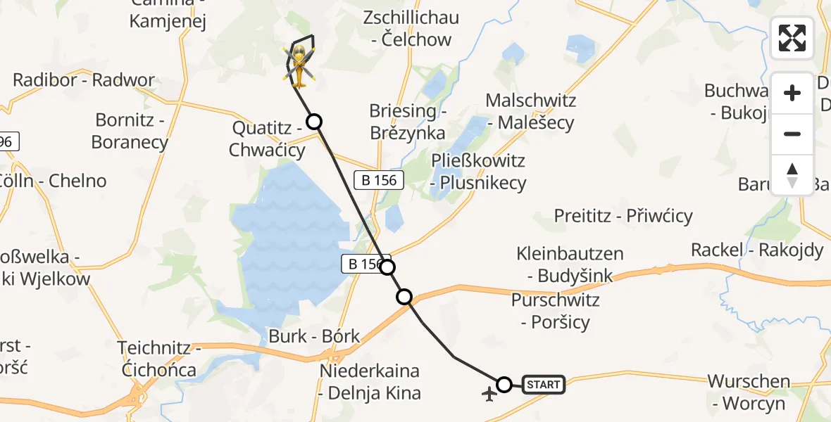 Flugroute Rettungshubschrauber Bautzen Flugplatz - Großdubrau, 24 Juli 2026, 23:59
