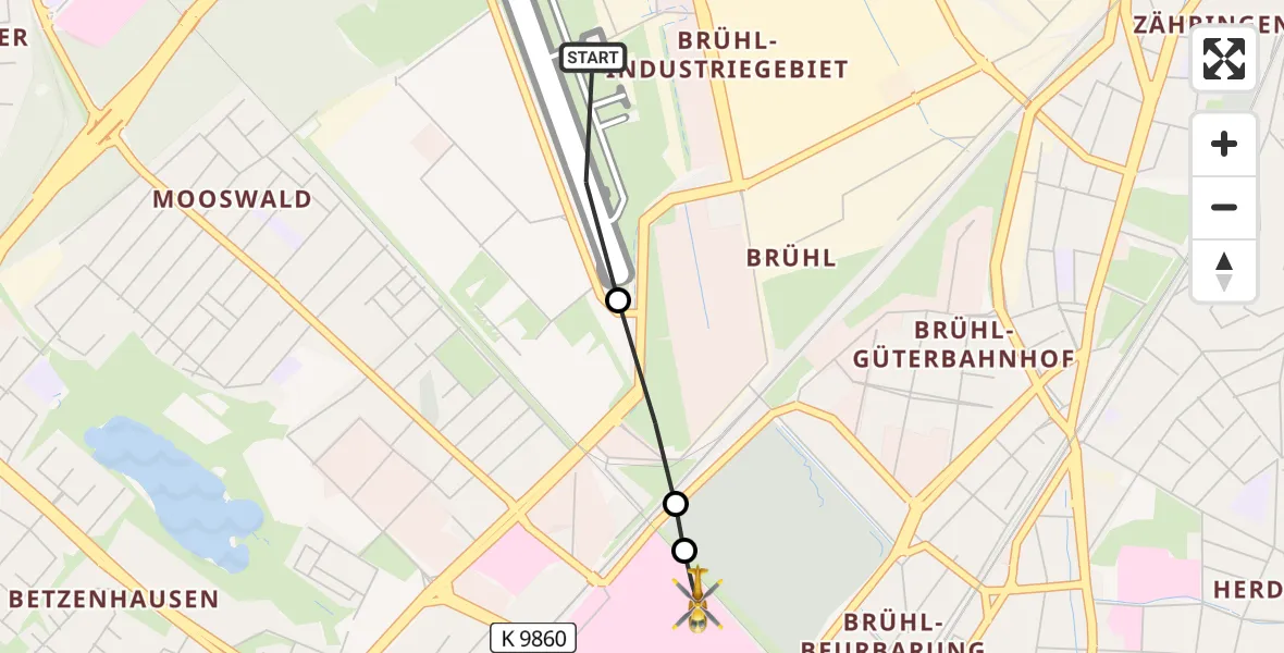 Flugroute Ambulanzhubschrauber Freiburg im Breisgau Flugplatz - Freiburg University Hospital Heliport 1, 25 Juli 2026, 00:00