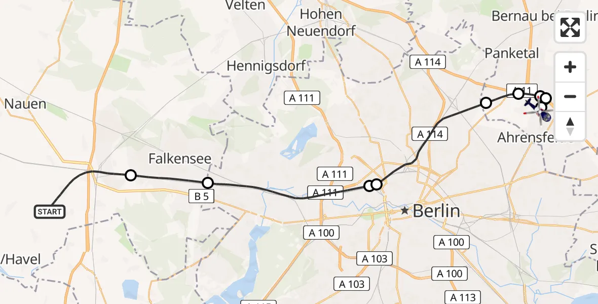 Flugroute Polizeihubschrauber Wustermark - Ahrensfelde Hubschrauberlandeplatz, 25 Juli 2026, 00:05