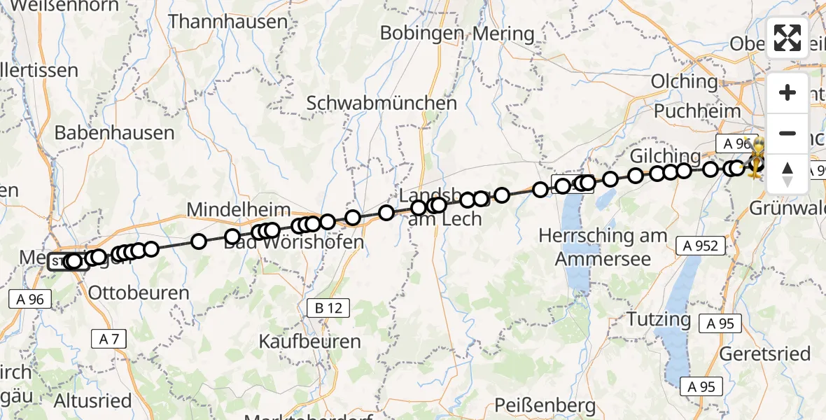 Flugroute Rettungshubschrauber Memmingen Hospital - DRF Air Rescue München Hubschrauberlandeplatz, 25 Juli 2026, 00:08