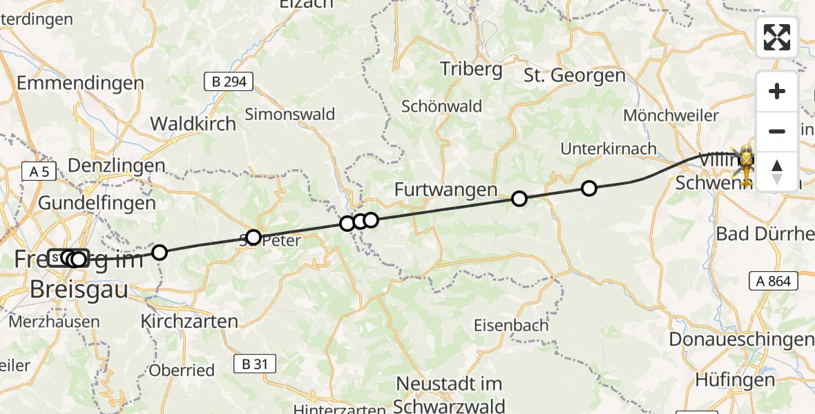 Flugroute Ambulanzhubschrauber Freiburg University Hospital Heliport 1 - DRF Air Rescue Station Villingen-Schwenningen Hubschrauberlandeplatz (Christoph 11), 25 Juli 2026, 00:21