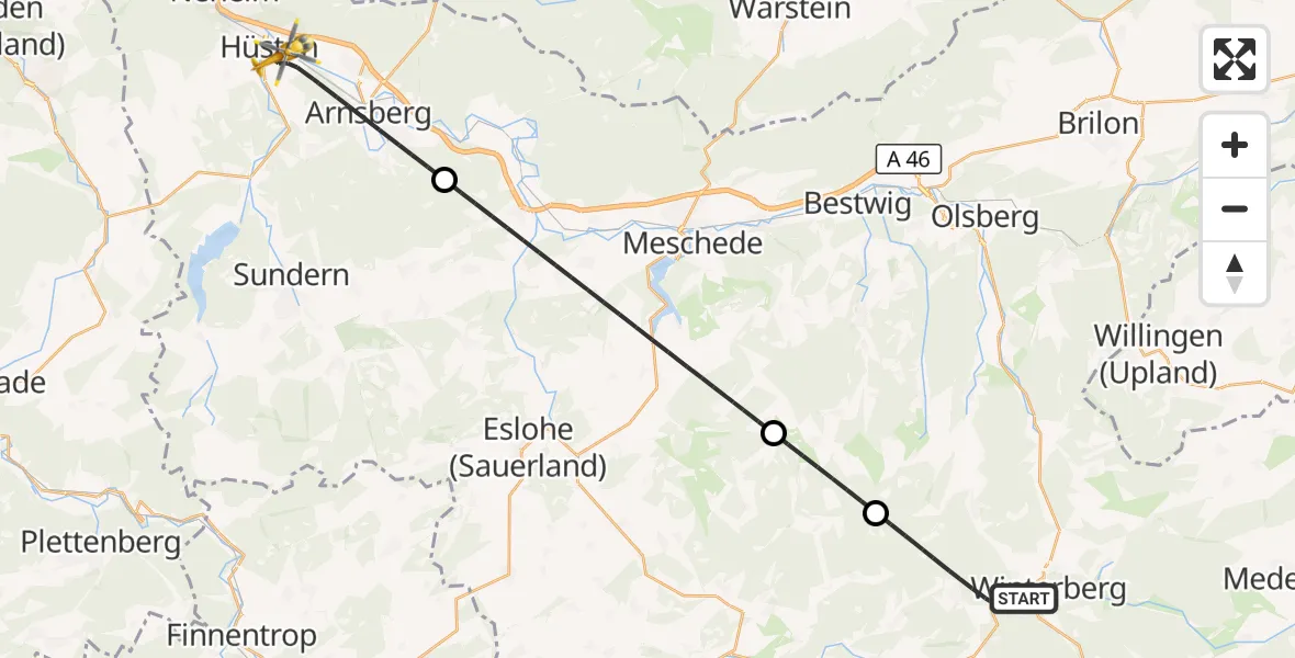 Flugroute Rettungshubschrauber Winterberg - Arnsberg, 25 Juli 2026, 00:28