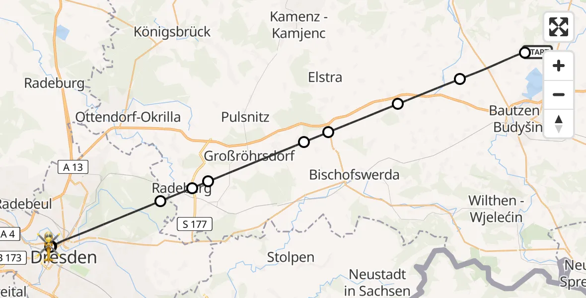 Flugroute Rettungshubschrauber Großdubrau - Dresden Friedrichstadt Hospital, 25 Juli 2026, 00:37