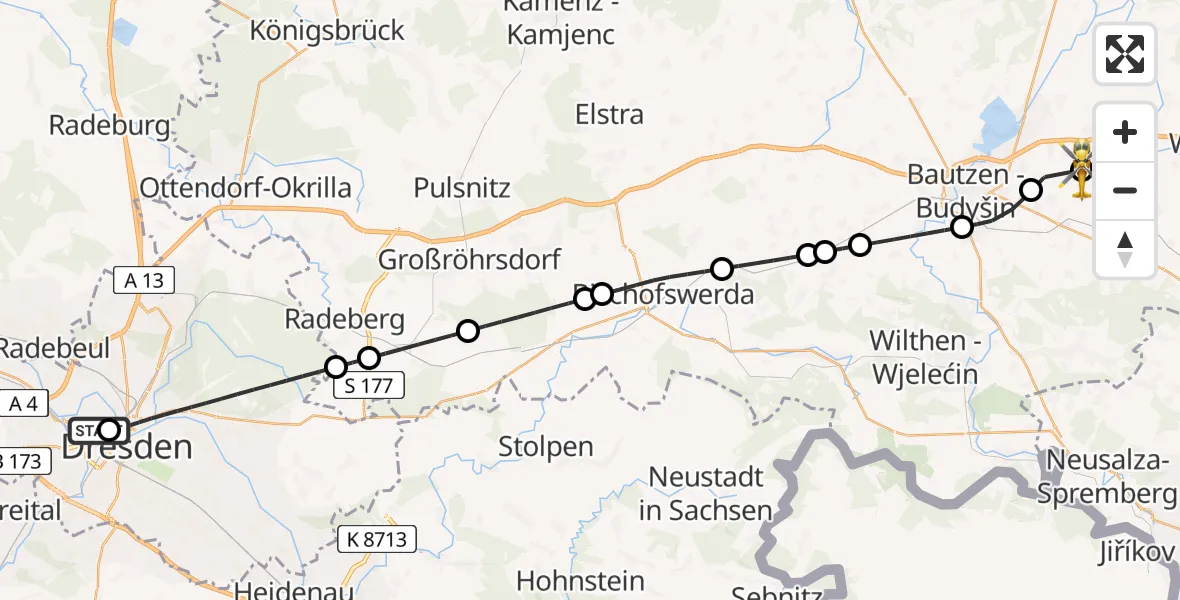Flugroute Rettungshubschrauber Dresden Friedrichstadt Hospital - Bautzen Flugplatz, 25 Juli 2026, 01:14
