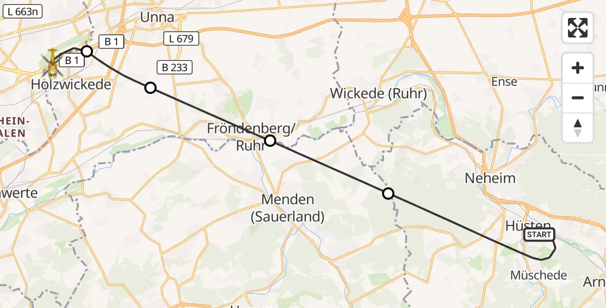 Flugroute Rettungshubschrauber Arnsberg - Dortmund Flughafen, 25 Juli 2026, 01:29