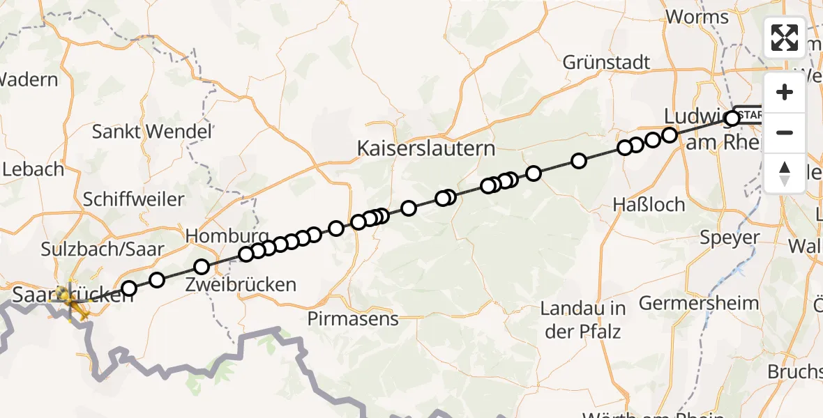 Flugroute Ambulanzhubschrauber Mannheim - Saarbrücken, 25 Juli 2026, 02:46