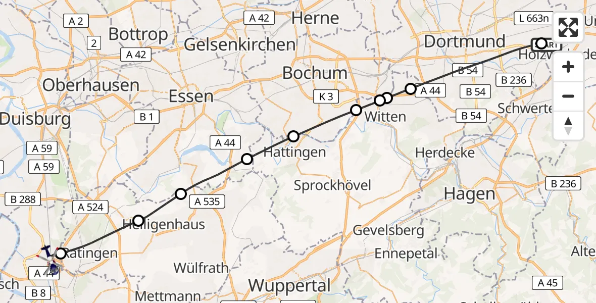 Flugroute Polizeihubschrauber Dortmund Flughafen - Düsseldorf Flughafen, 25 Juli 2026, 03:32